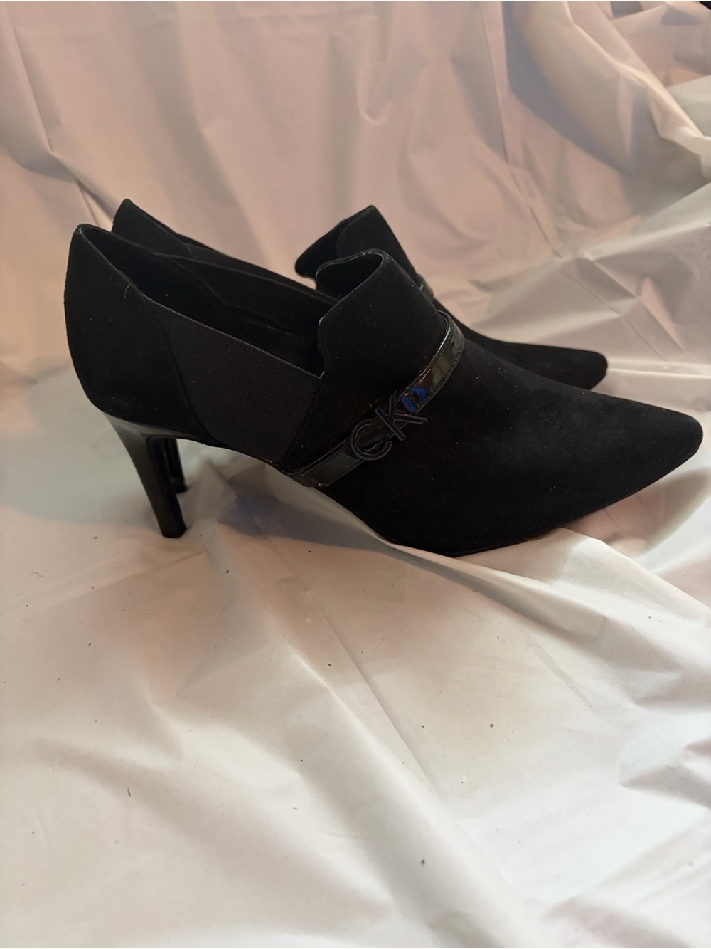 Calvin Klein Black Suede Pointed Toe Heels with Logo Strap